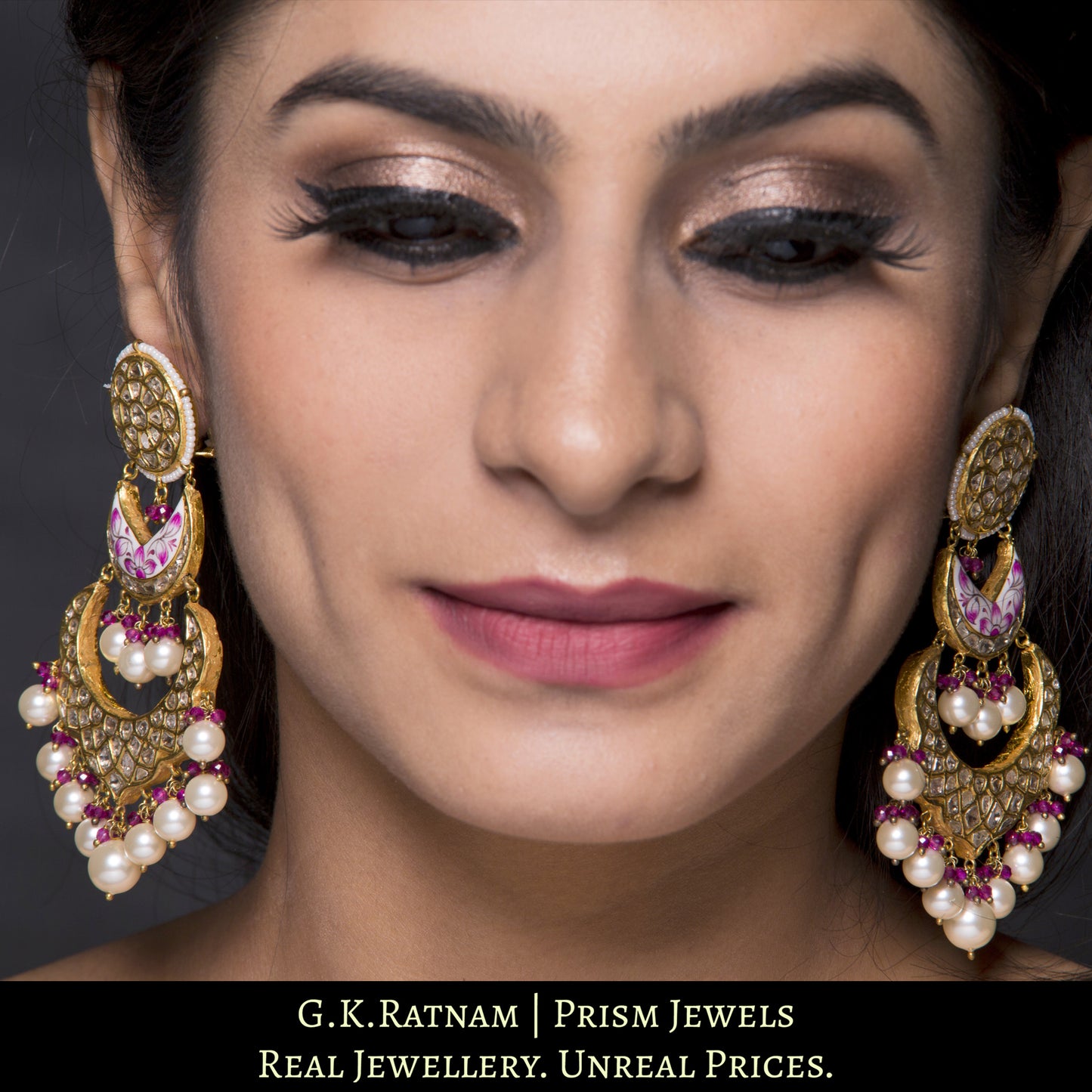23k Gold and Diamond Polki Chand Bali Earring Pair with intricate pink enamelling - G. K. Ratnam