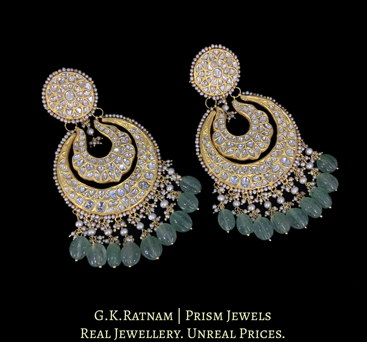 23k Gold and Diamond Polki Necklace Set with basra-like Pearls and hand-carved Melons