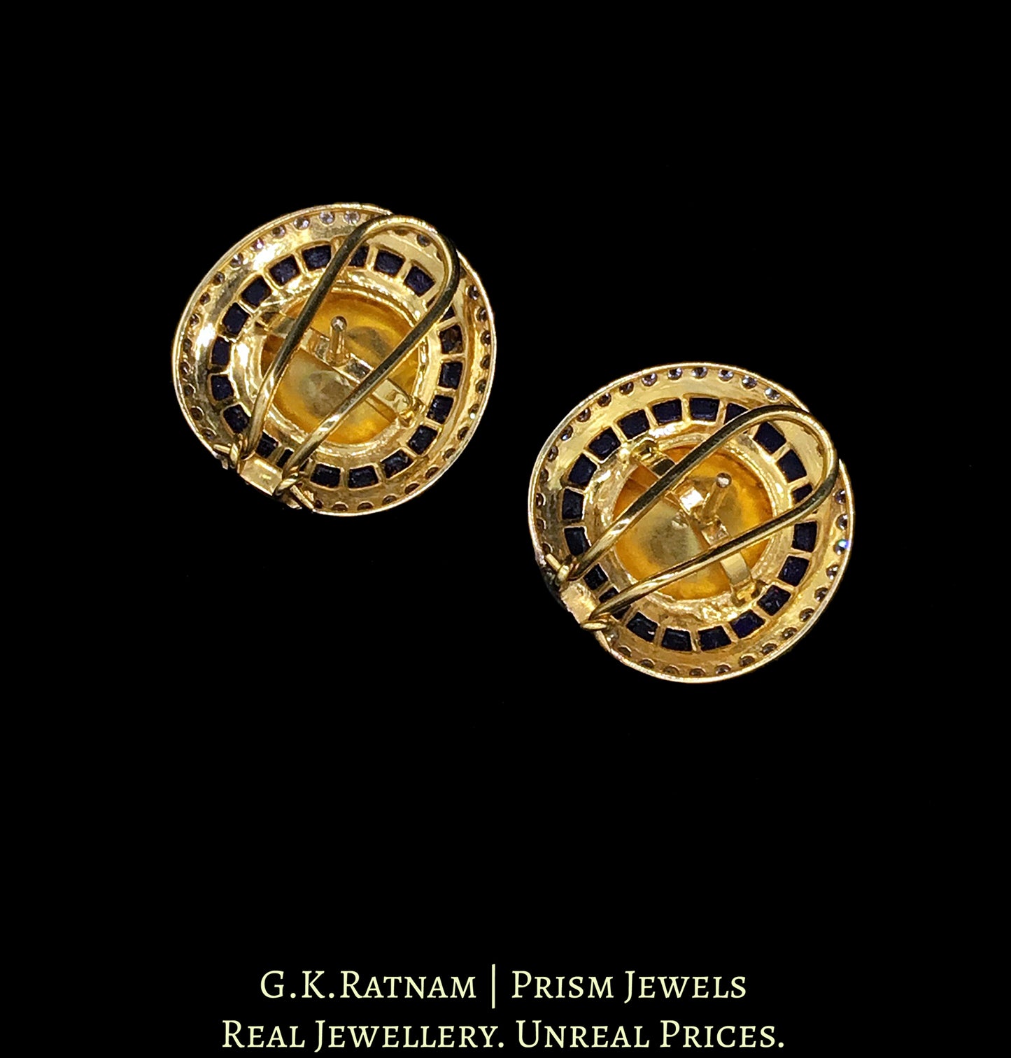 14k Gold and Diamond Polki Open Setting Tops / Studs Earring Pair with Big Uncuts encased by blue stones and diamonds