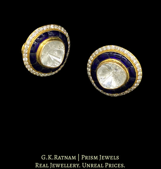 14k Gold and Diamond Polki Open Setting Tops / Studs Earring Pair with Big Uncuts encased by blue stones and diamonds