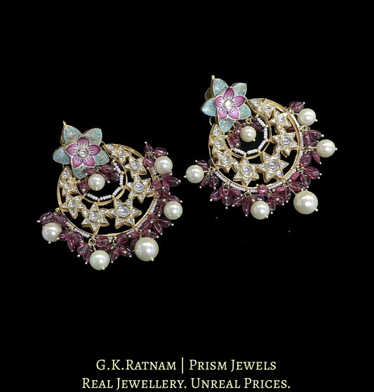 18k Gold and Diamond Polki Chand Bali Earring Pair with Pink and Turquoise Enamelled Floral Tops