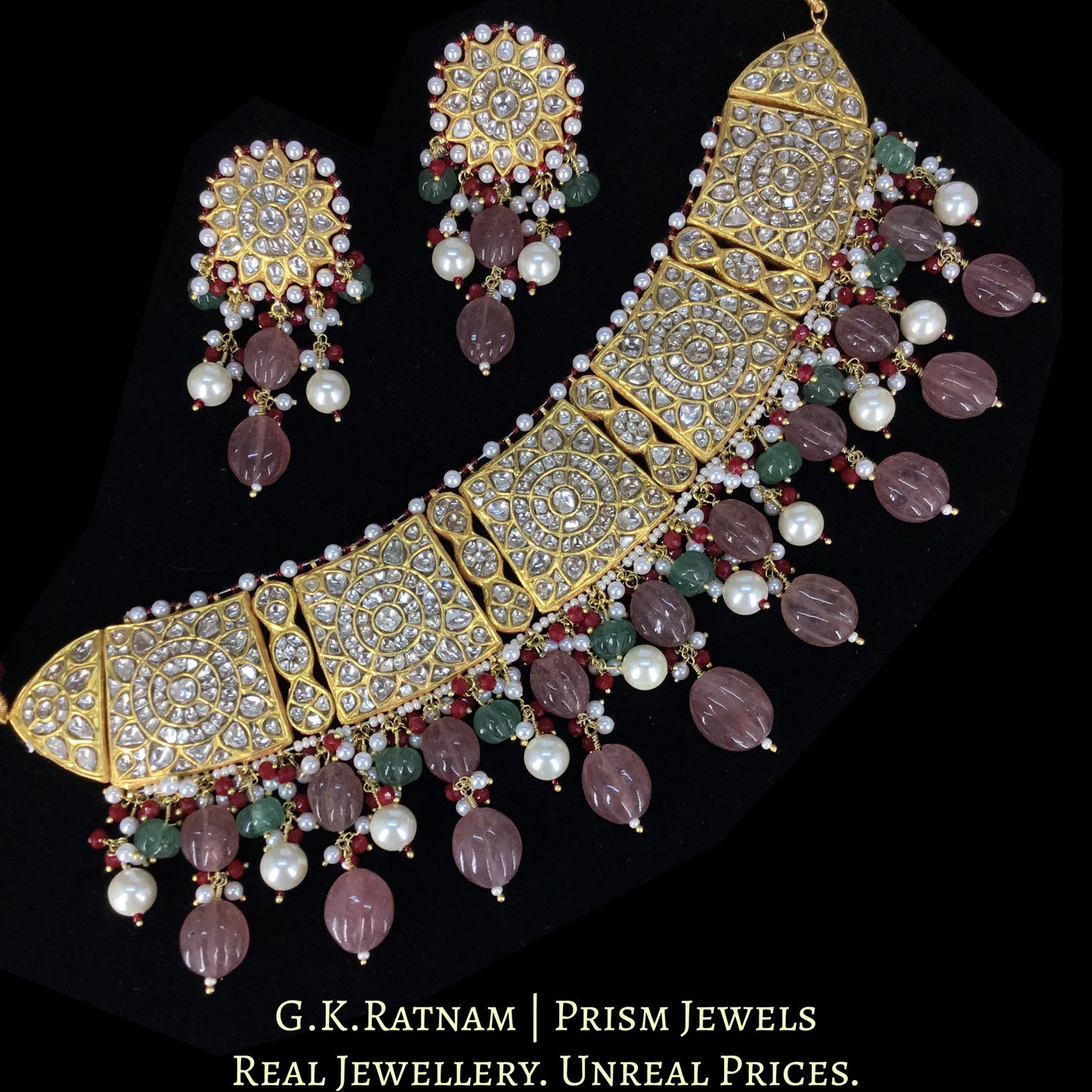 23k Gold and Diamond Polki Choker Necklace Set enhanced with hand-carved Strawberry Quartz Melons and Pearls - G. K. Ratnam