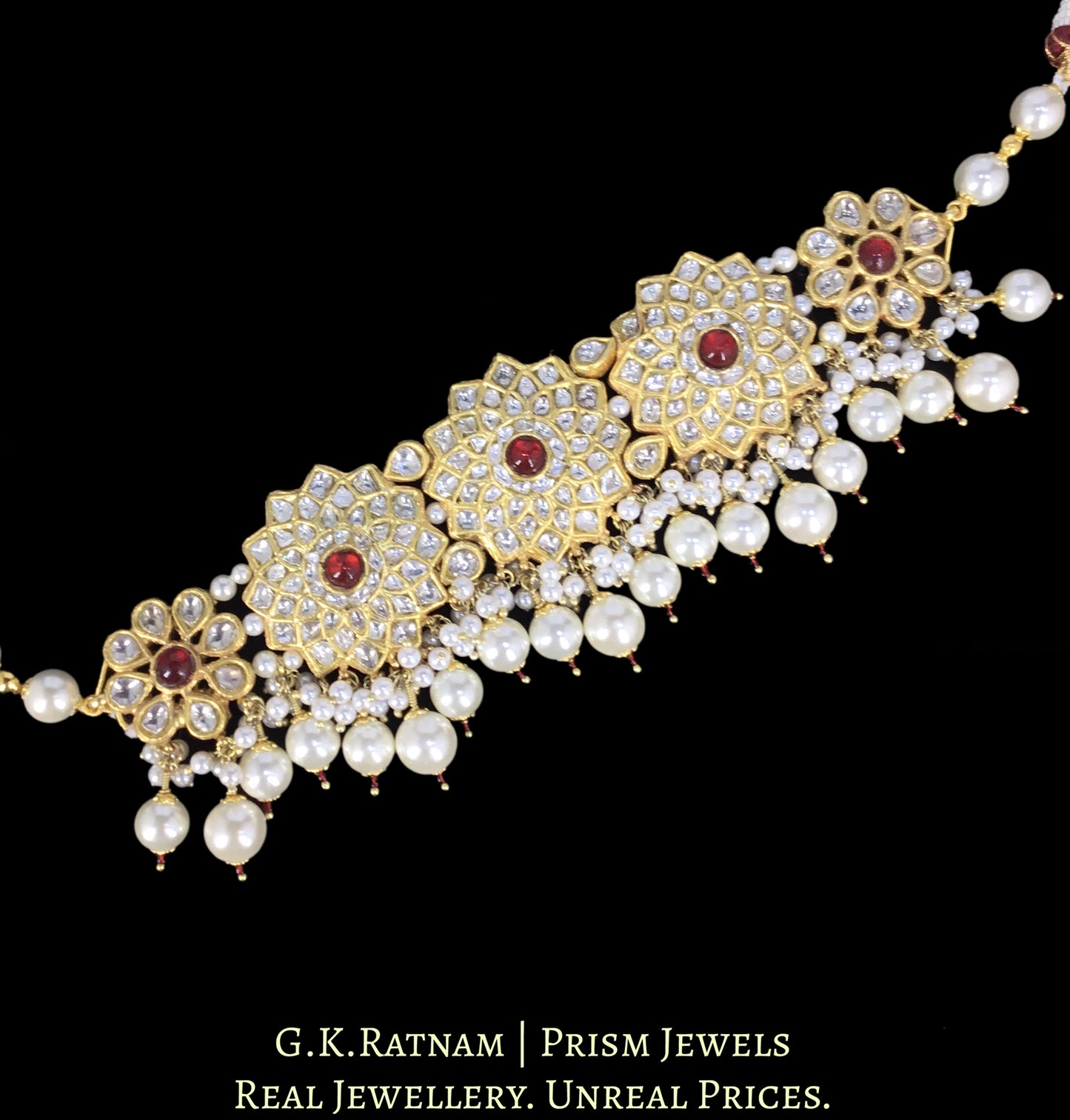 23k Gold and Diamond Polki Choker Necklace Set with ruby-center Starry Motifs