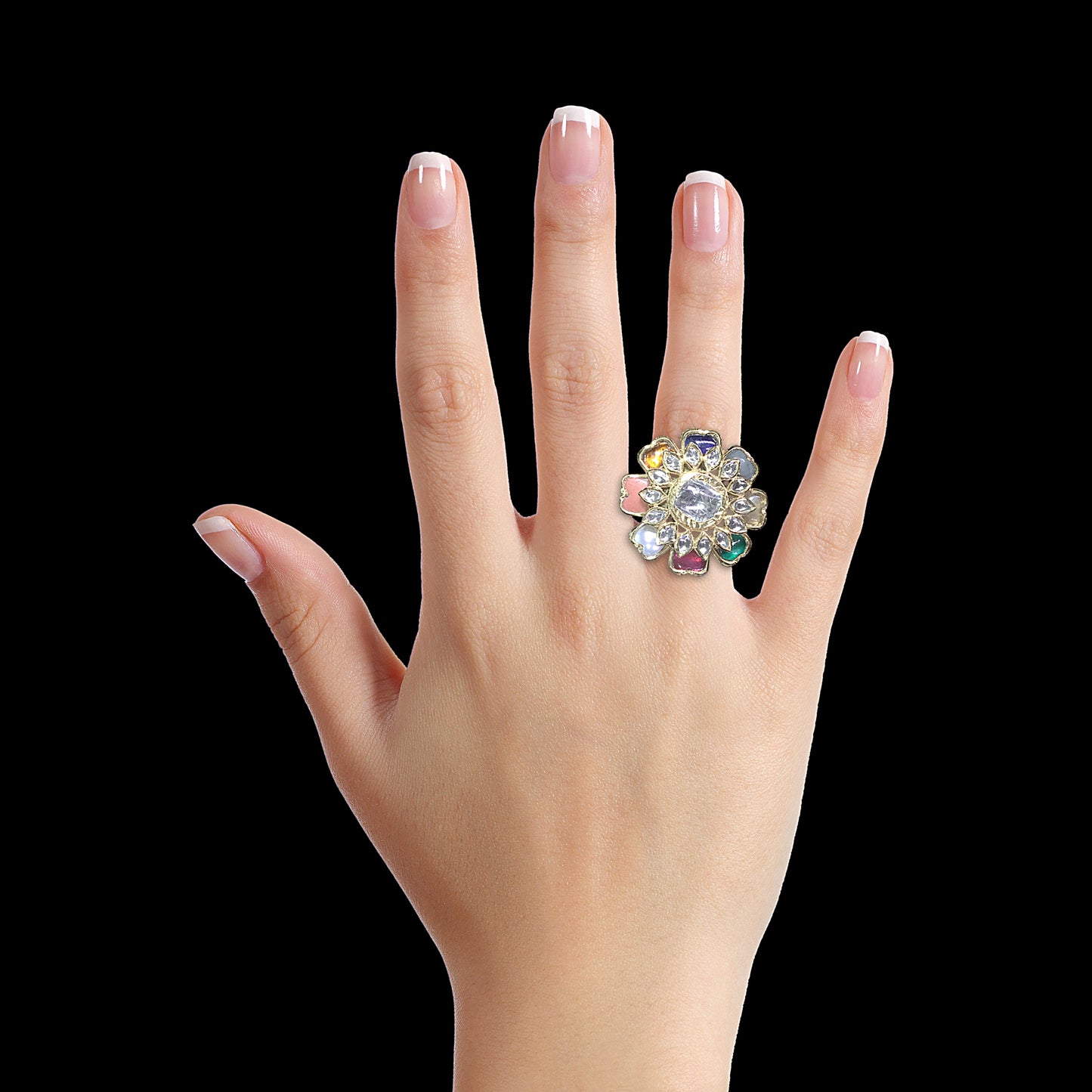 22k Gold and Diamond Polki Navratna Cocktail Ring - G. K. Ratnam