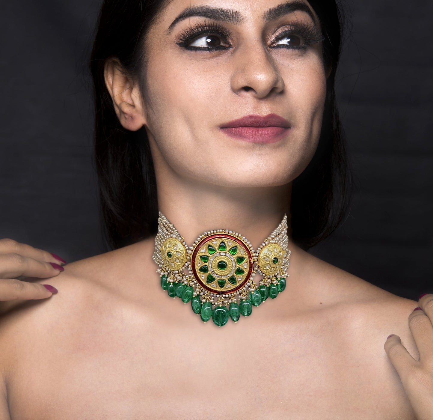 23k Gold and Diamond Polki three-piece Choker Necklace with With Antiqued Freshwater Pearls
