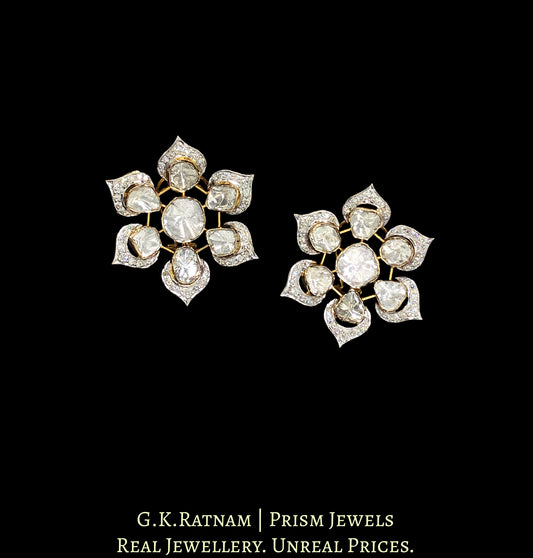 14k Gold and Diamond Polki Open Setting Flowery Karanphool Earring Pair