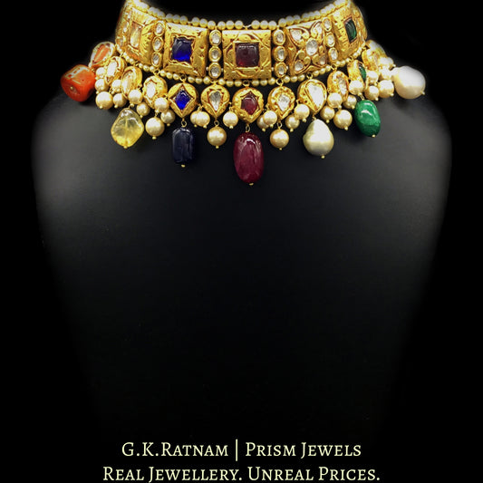 18k Gold and Diamond Polki Antique Navratna Choker Necklace Set with multi-colored stone hangings - G. K. Ratnam