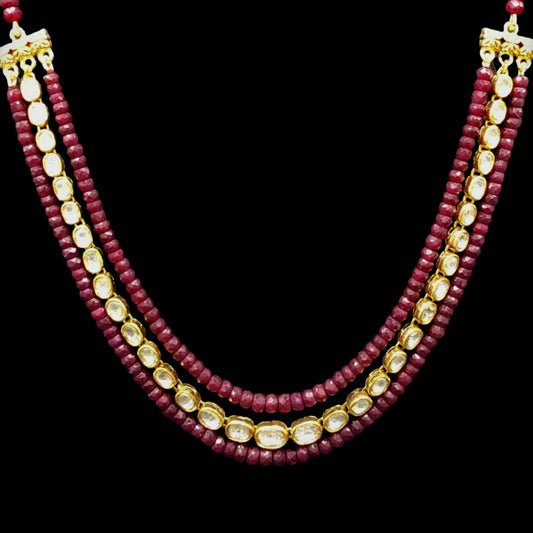 Traditional Gold and Diamond Polki single line Necklace sandwiched in natural cut rubies - G. K. Ratnam