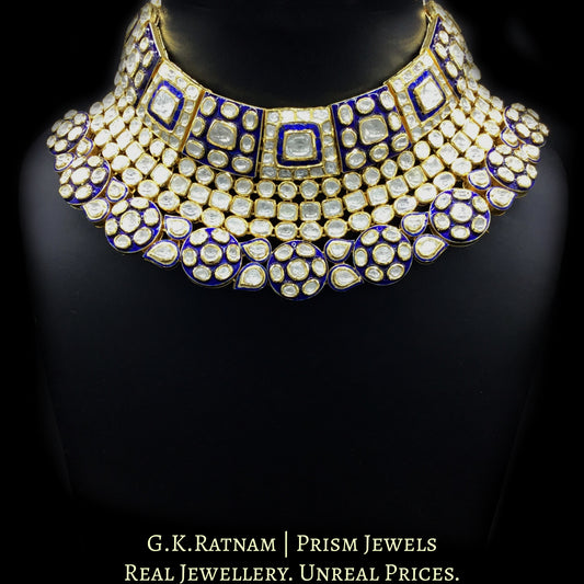 18k Gold and Diamond Polki Choker Necklace Set with Blue Enamel - G. K. Ratnam