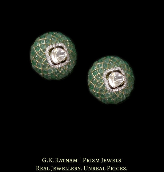 18k Gold and Diamond Polki Open Setting Tops / Studs Earring Pair with emerald-grade stones