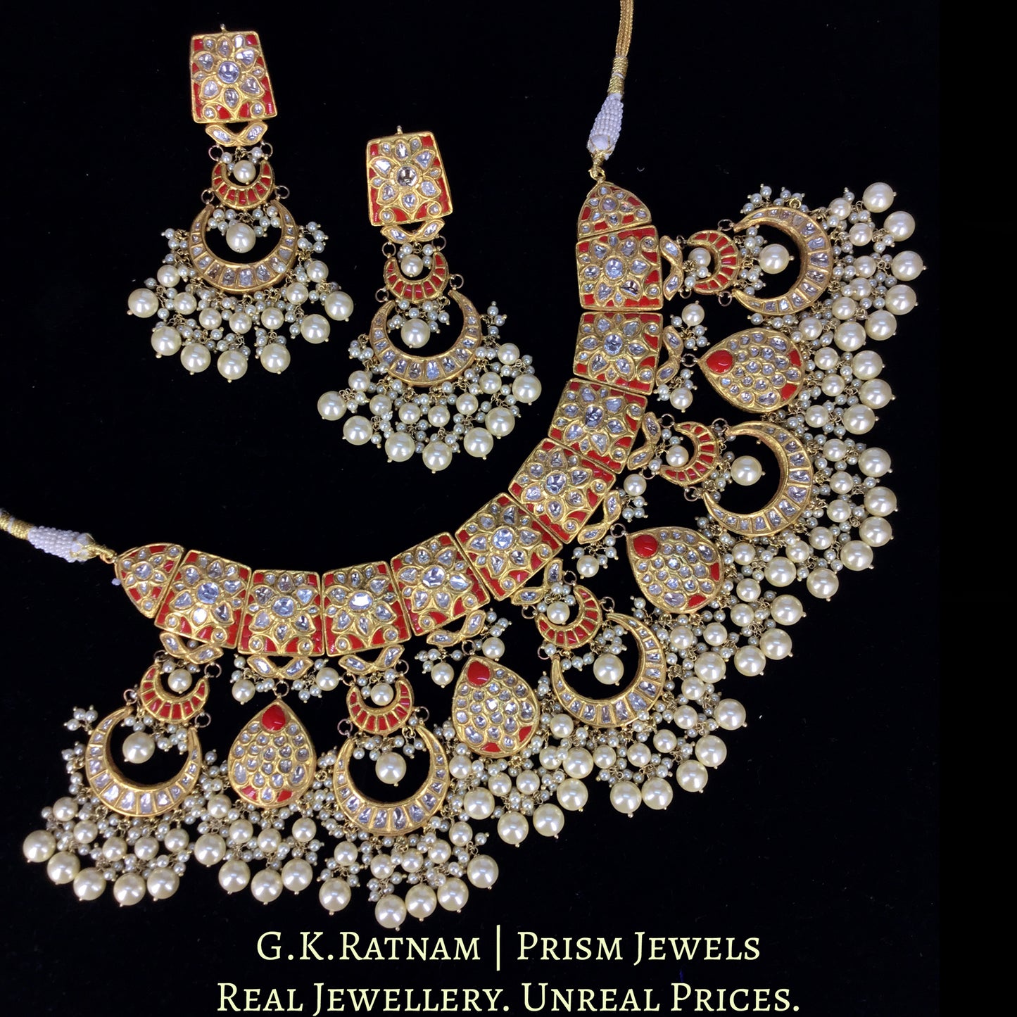 23k Gold and Diamond Polki Choker Necklace Set with Corals and Lustrous Pearls - G. K. Ratnam