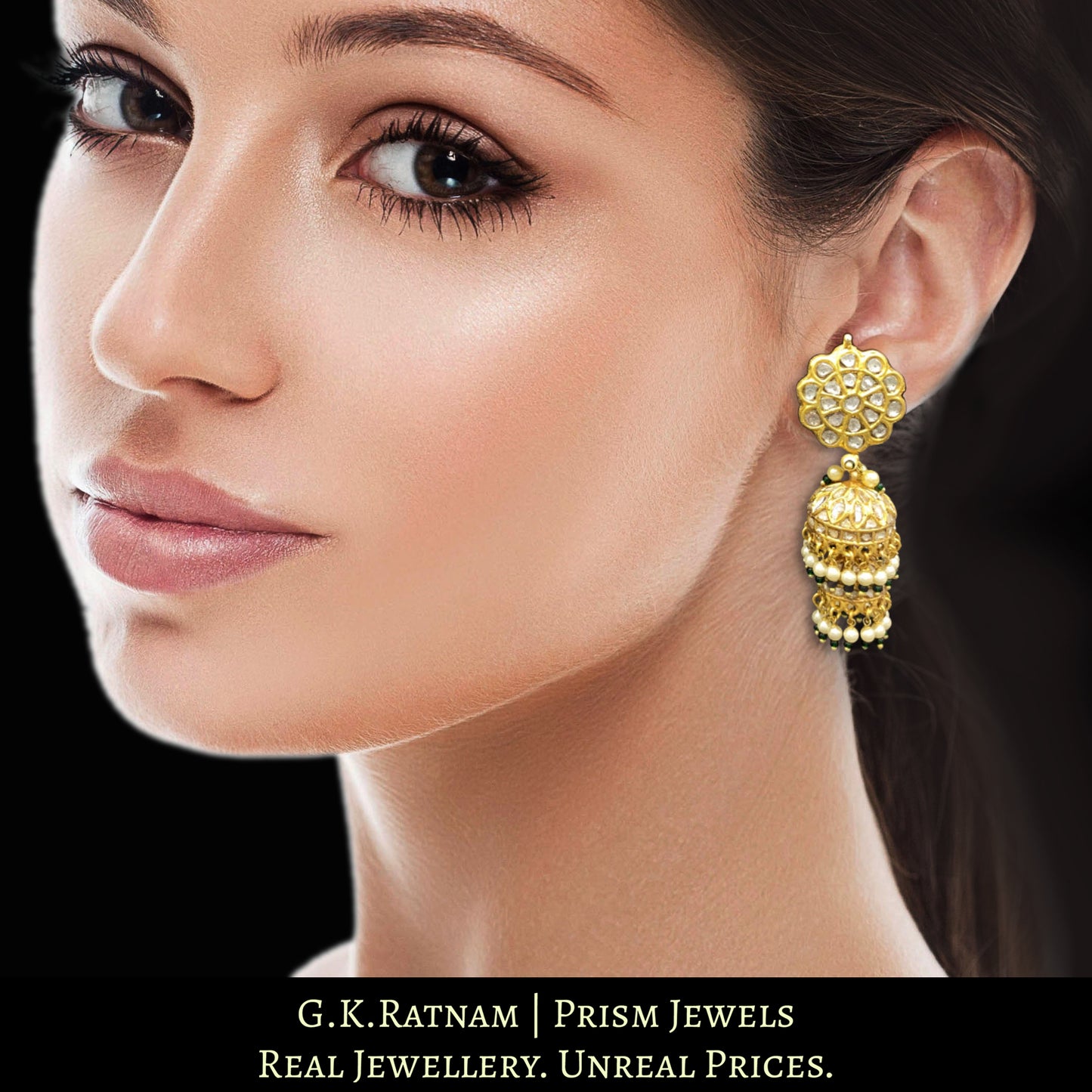 23k Gold and Diamond Polki two-tier Jhumki Earring Pair with pearls and a hint of green