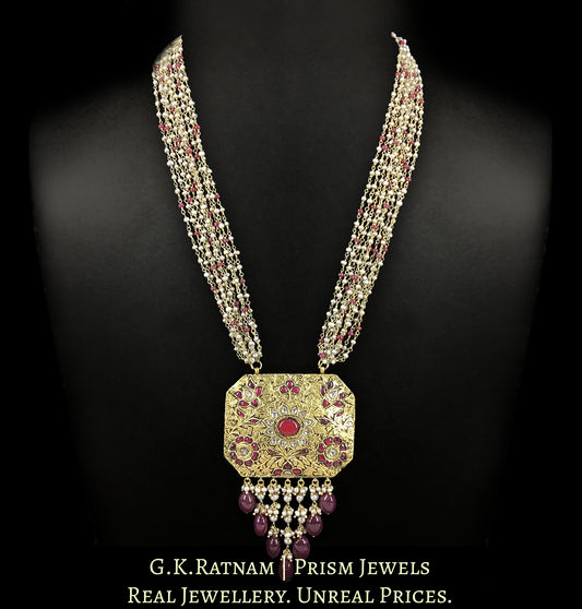 23k Gold And Diamond Polki Antiqued south-style Octagonal Pendant Set with Pearl and Ruby Chains