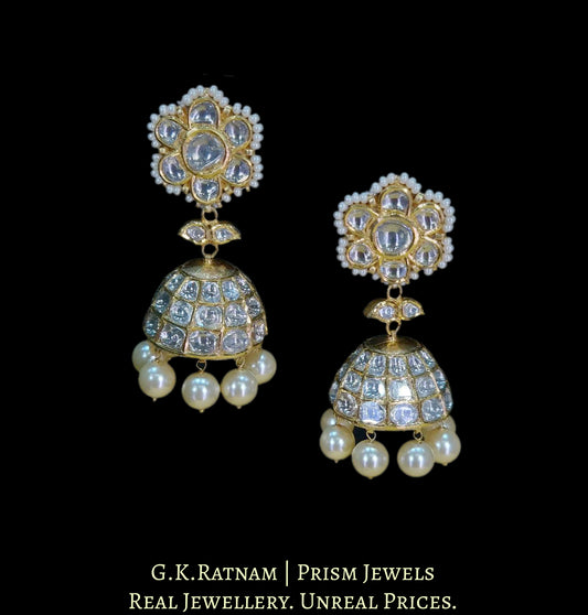 18k Gold and Diamond Polki Jhumki Earring Pair with lustrous Pearls - G. K. Ratnam