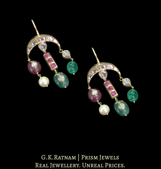 18k Gold and Diamond Polki inverted-crescents Earring Pair with Green Beryls, Rubies and Pearls