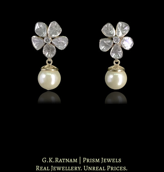 14K Gold and Diamond Polki Open Setting Floral Tops / Studs Earring Pair with Pearl Hangings