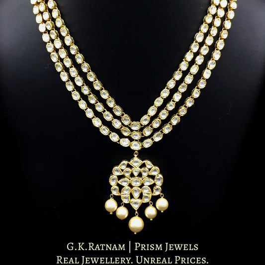 Traditional Gold and Diamond Polki three-line Necklace Set with south-sea-like pearls - G. K. Ratnam
