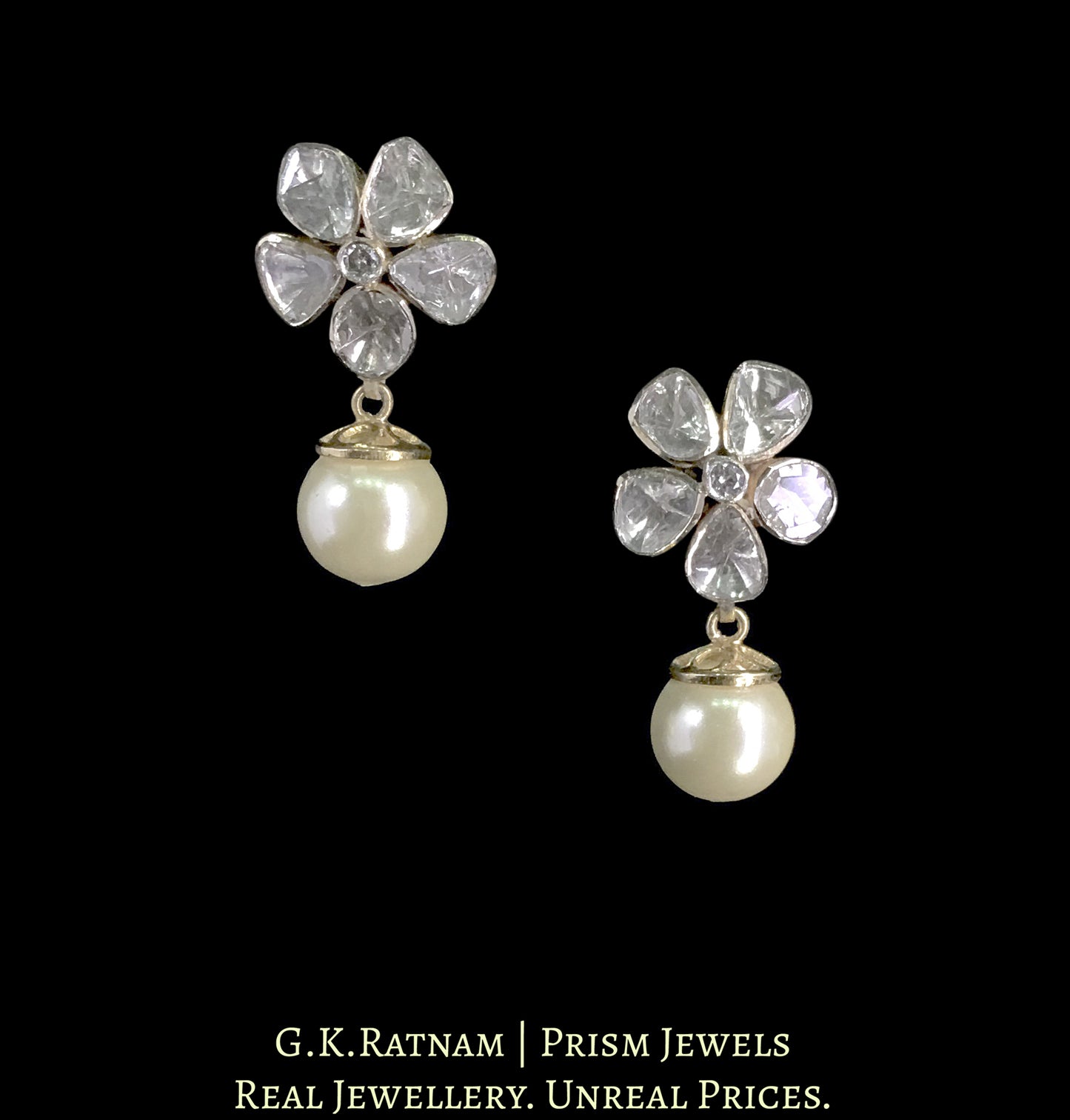14K Gold and Diamond Polki Open Setting Floral Tops / Studs Earring Pair with Pearl Hangings