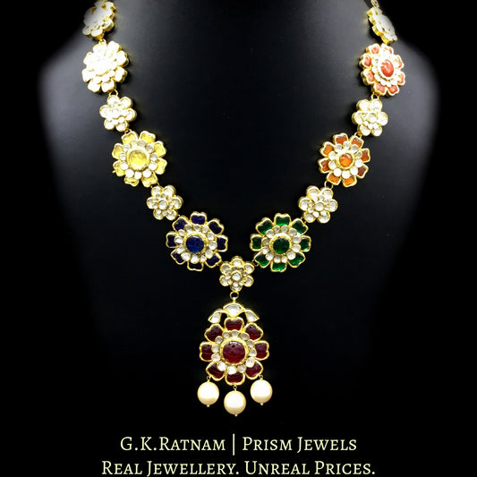 18k Gold and Diamond Polki Navratna Long Necklace Set with colorful flower-shaped tikdas - G. K. Ratnam