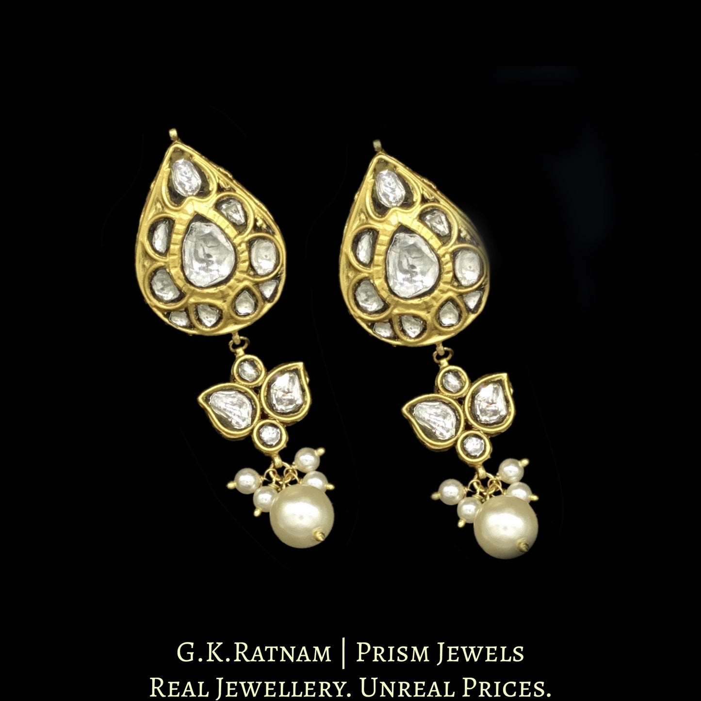 18k Gold and Diamond Polki Broach Necklace Set With Chid Pearl Bunches - G. K. Ratnam