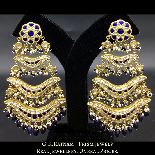 23k Gold and Diamond Polki pasa-style Chandelier Earring Pair with a hint of blue - G. K. Ratnam