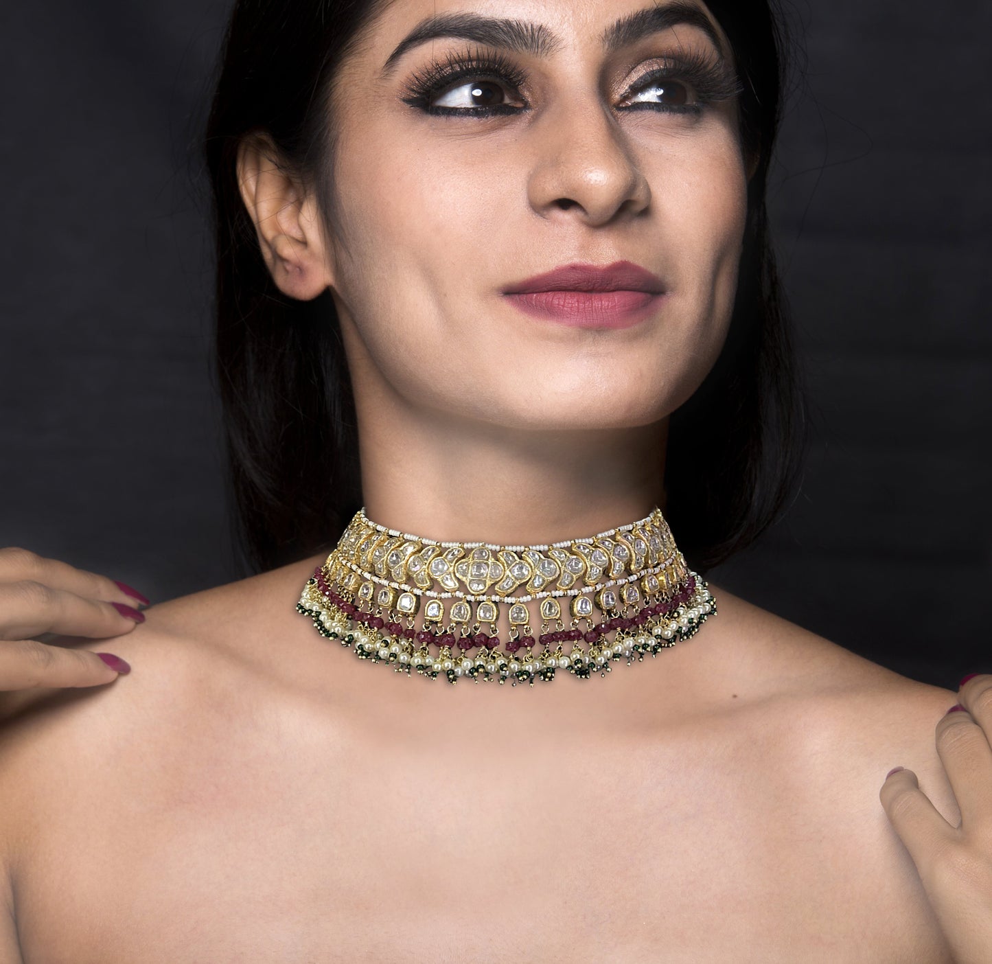 23k Gold and Diamond Polki Choker Necklace Set with Natural Rubies and Lustrous Pearl Bunches - G. K. Ratnam