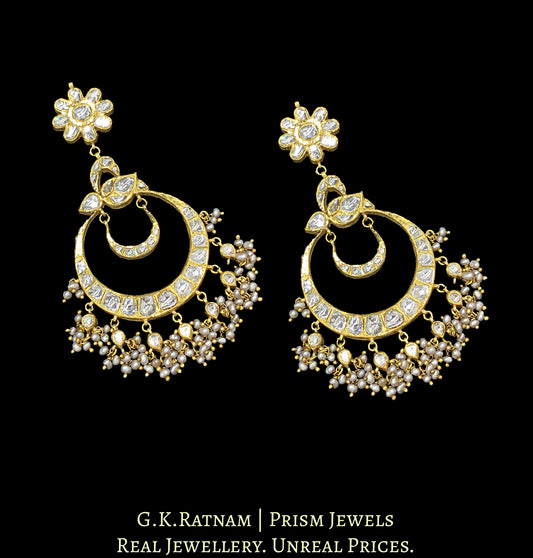 18k Gold and Diamond Polki peacock-like Chand Bali Earring pair with antiqued basra-grade freshwater pearls - G. K. Ratnam
