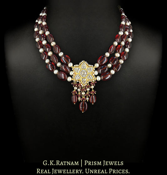 23k Gold and Diamond Polki Pendant Set enhanced with Mozambique Garnets and Pearls - G. K. Ratnam