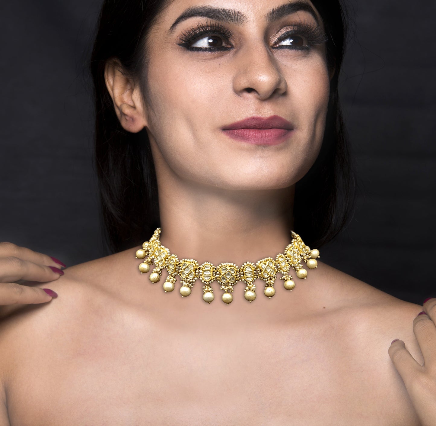 23k Gold and Diamond Polki Choker Necklace with Antiqued Hyderabadi Pearls - G. K. Ratnam