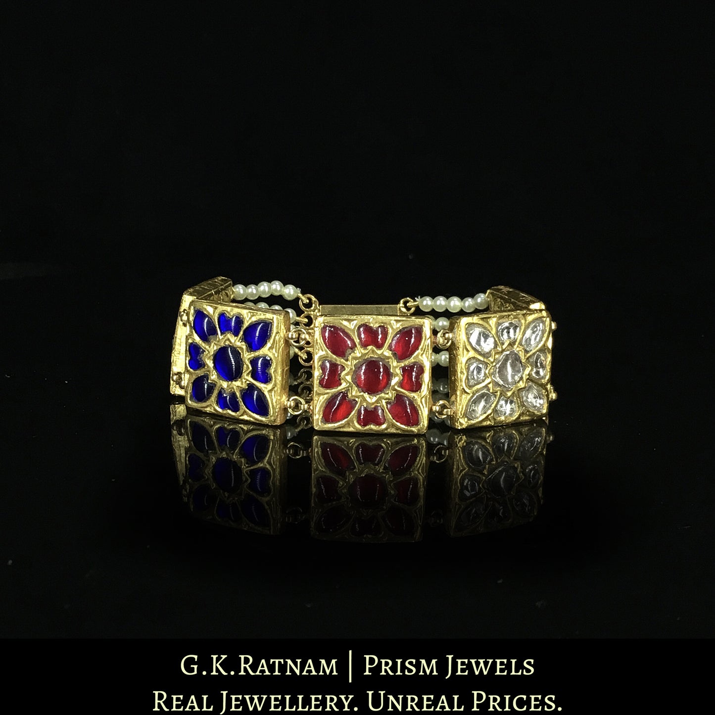 23k Gold and Diamond Polki Square Bracelet with Navratna Stones