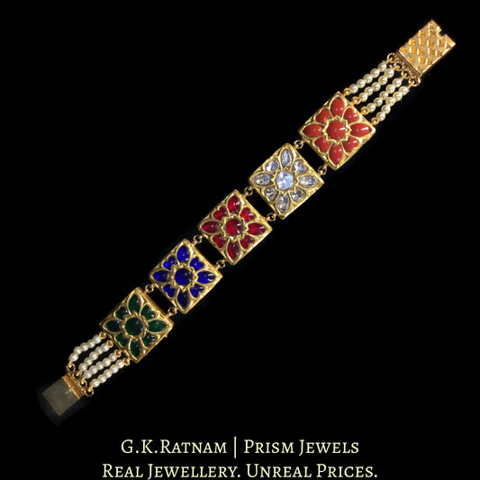 23k Gold and Diamond Polki Square Bracelet with Navratna Stones