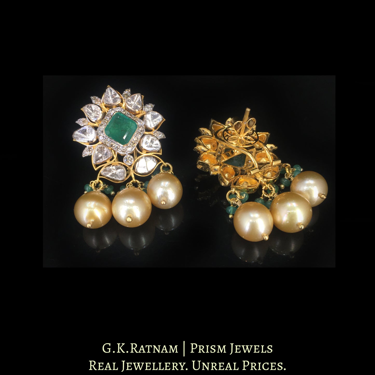 18k Gold and Diamond Polki Open Setting Karnfool Earring Pair with Natural Emeralds and South Sea Pearls