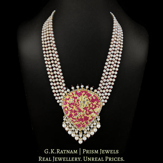 23k Gold and Diamond Polki Pendant Set with Rubies and Antiqued Hyderabadi Pearls