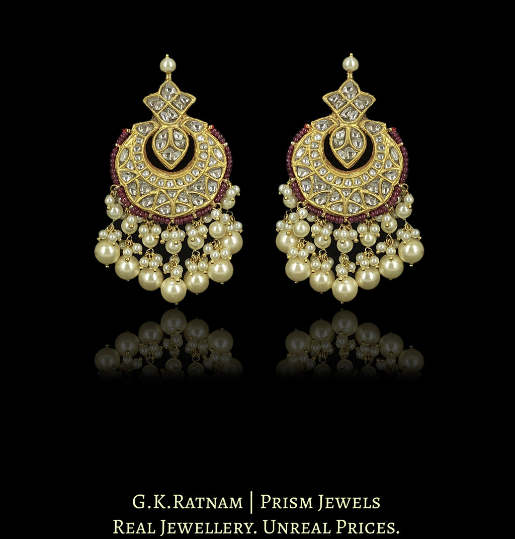 23k Gold And Diamond Polki Chand Bali Earring Pair strung in Rubies and Pearls