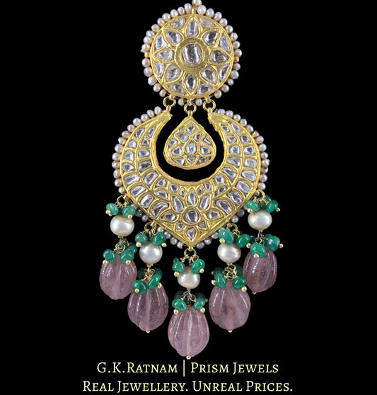 23k Gold and Diamond Polki Maang Tika With Green Beryls and Red Strawberry Quartz Melons - G. K. Ratnam