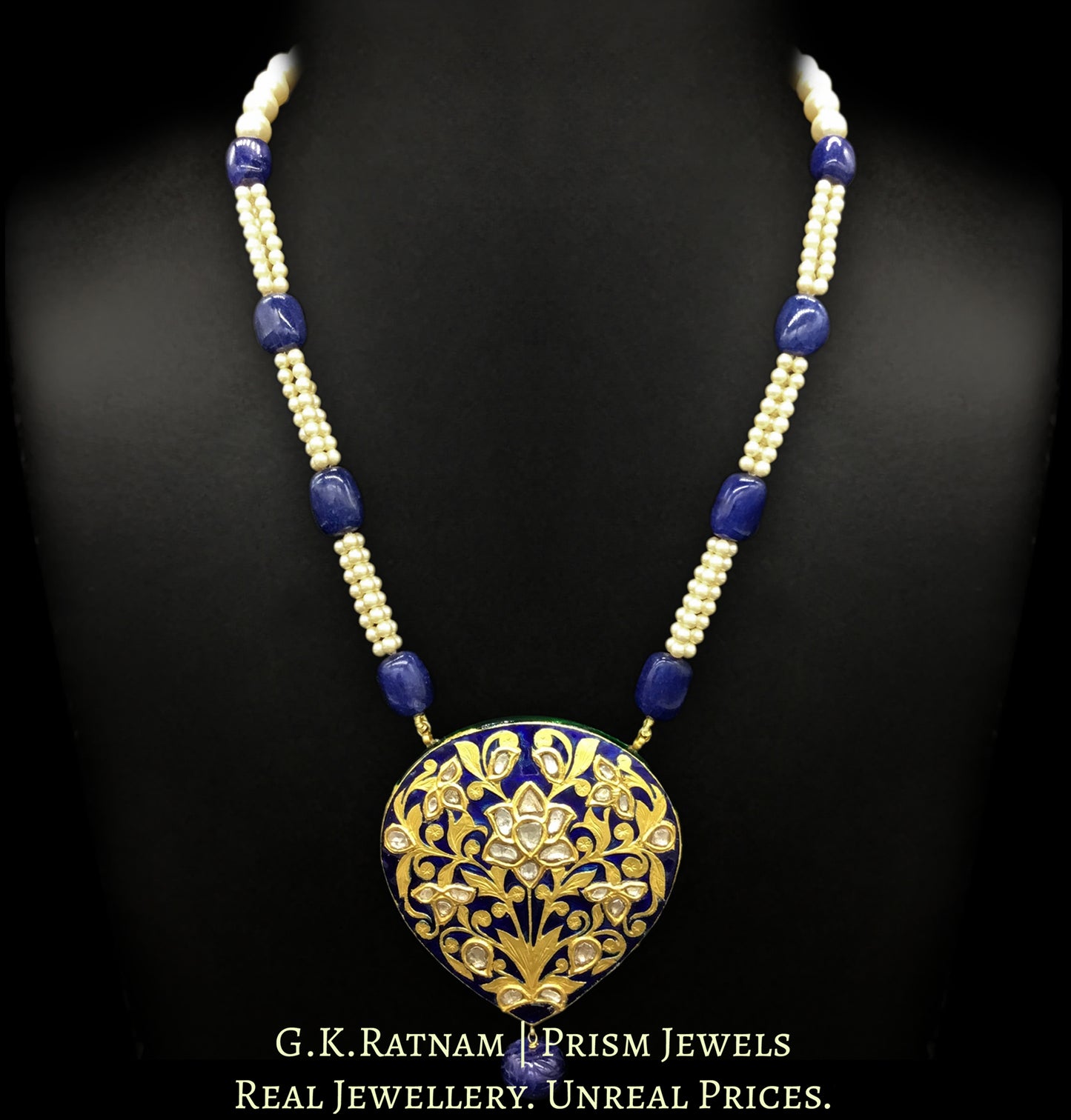 23k Gold and Diamond Polki tilak-shaped Pendant with blue enamelling and intricate goldwork - G. K. Ratnam
