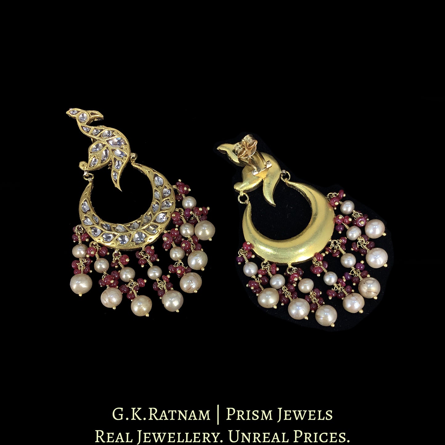 23k Gold and Diamond Polki Chand Bali Earring Pair with Peacock Motifs
