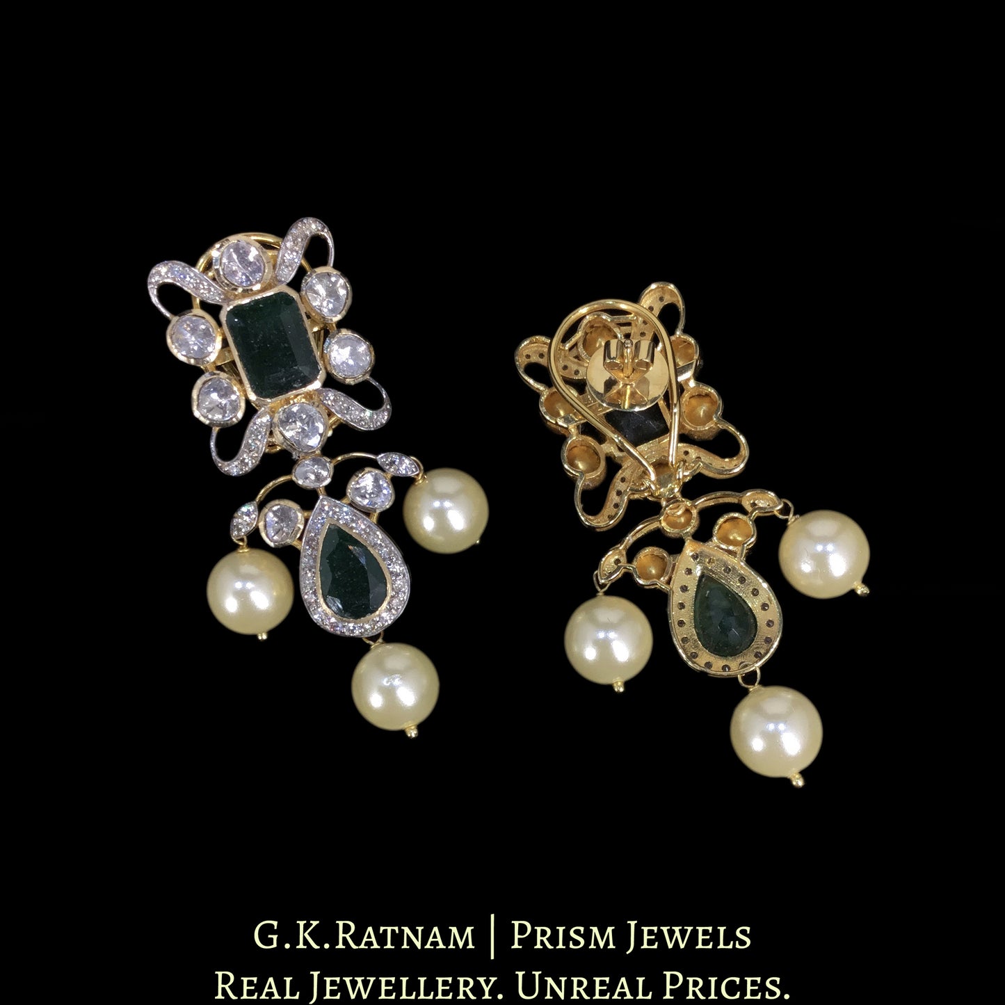 18k Gold And Diamond Polki Open Setting Necklace Set with emerald-green Beryls
