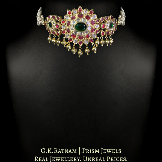 18k Gold and Diamond Polki south-style Choker Necklace with Antiqued Freshwater Pearl Bunches