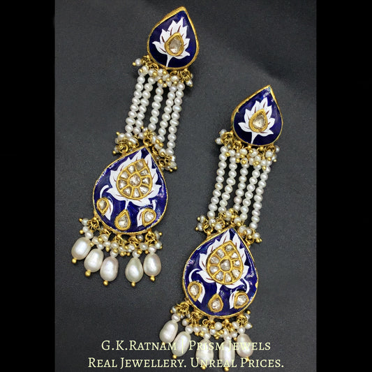 23k Gold and Diamond Polki Long Earring Pair with intricate blue pottery and natural freshwater pearls