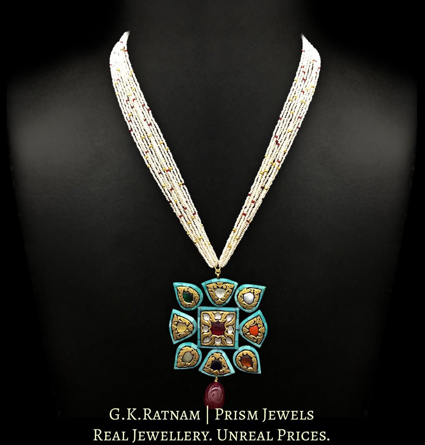 23k Gold and Diamond Polki Navratna Pendant with Turquoise Rimming - G. K. Ratnam