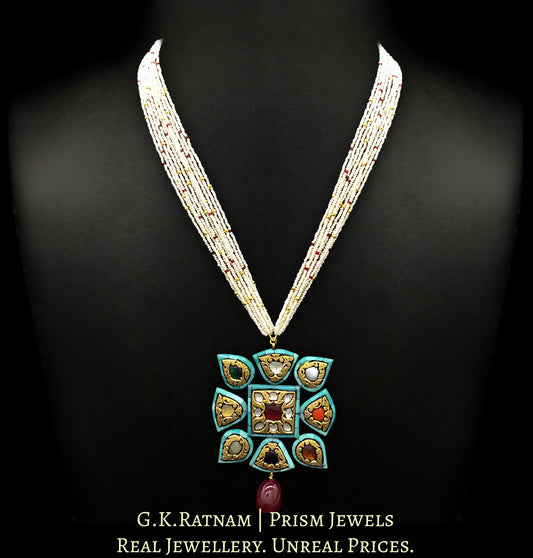 23k Gold and Diamond Polki Navratna Pendant with Turquoise Rimming - G. K. Ratnam
