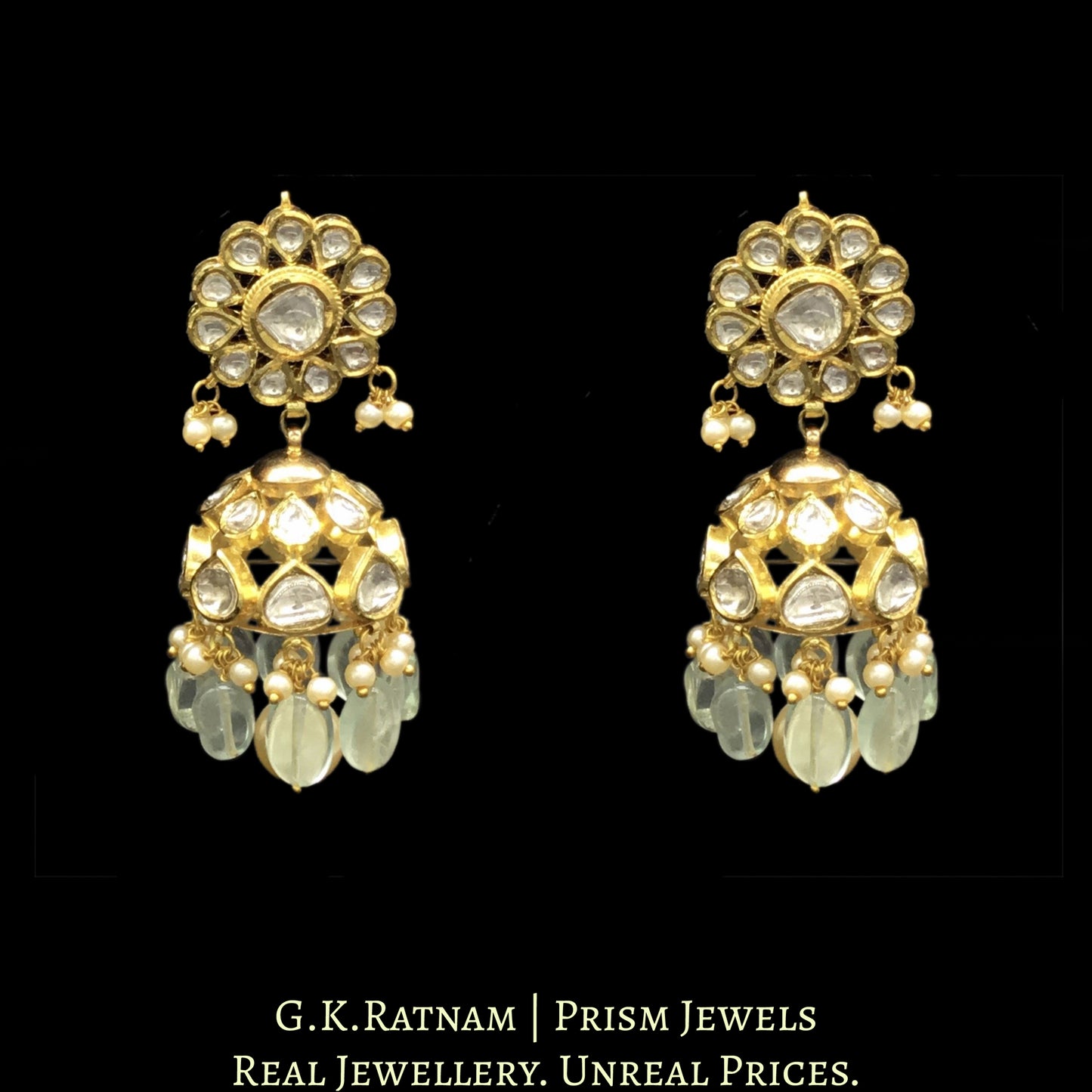 18k Gold and Diamond Polki Choker Necklace Set enhanced with russian-emerald-grade fluorites