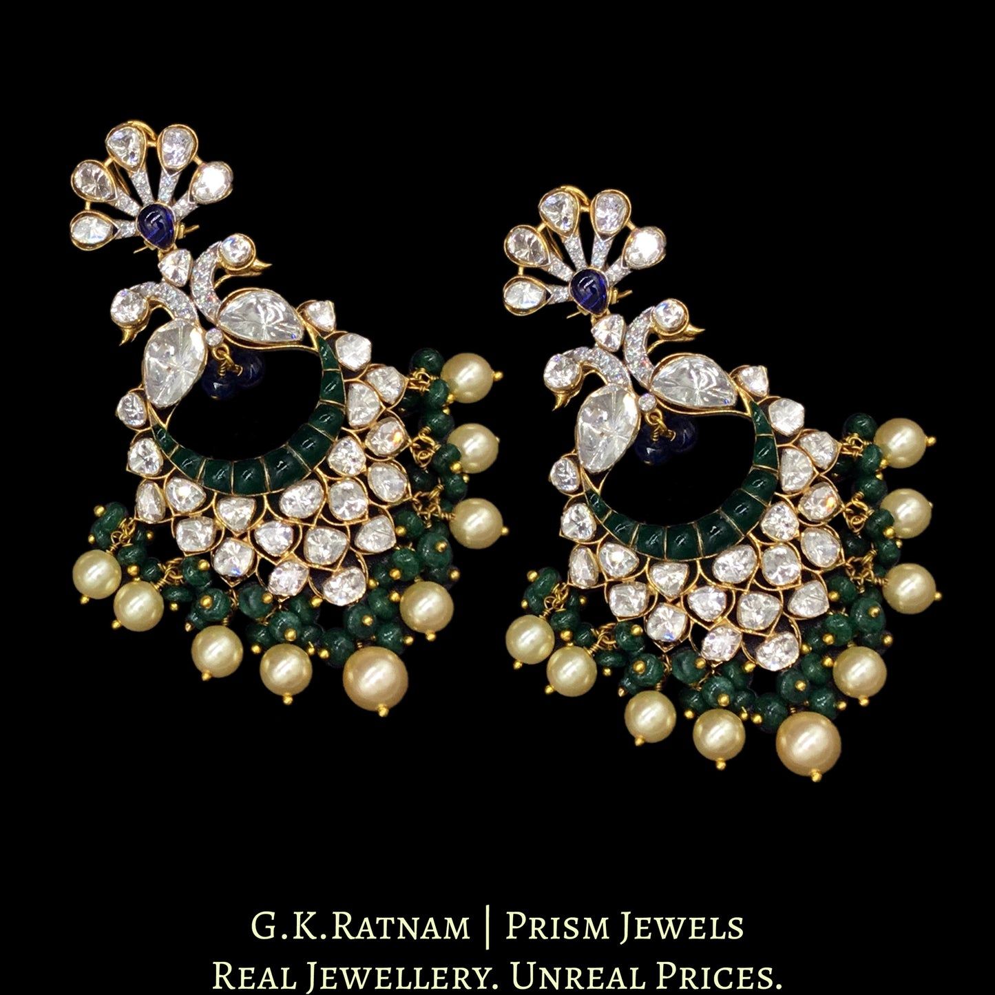 14K Gold and Diamond Polki Open Setting Peacock Chand Bali Earring Pair With Green Beryls and Pearls - G. K. Ratnam