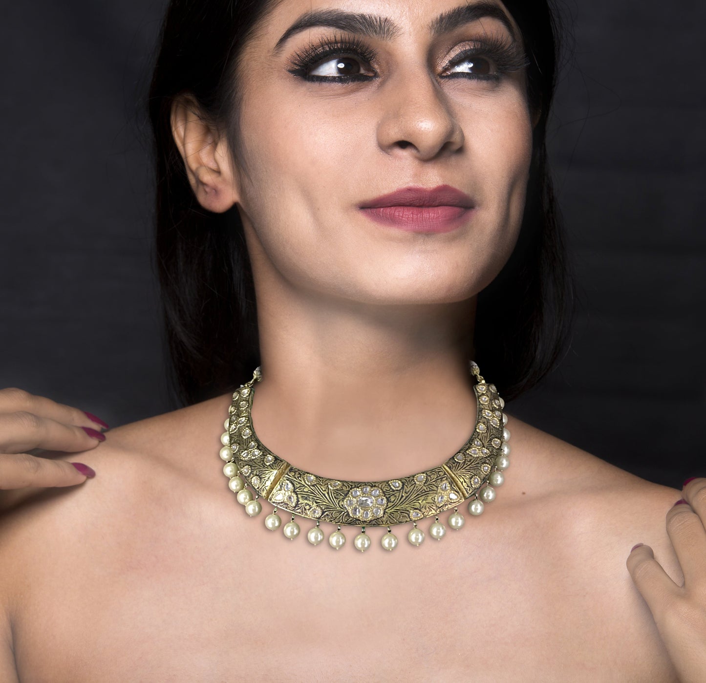 23k Gold and Diamond Polki Hustlie Necklace Set with Prataj Engraving - G. K. Ratnam