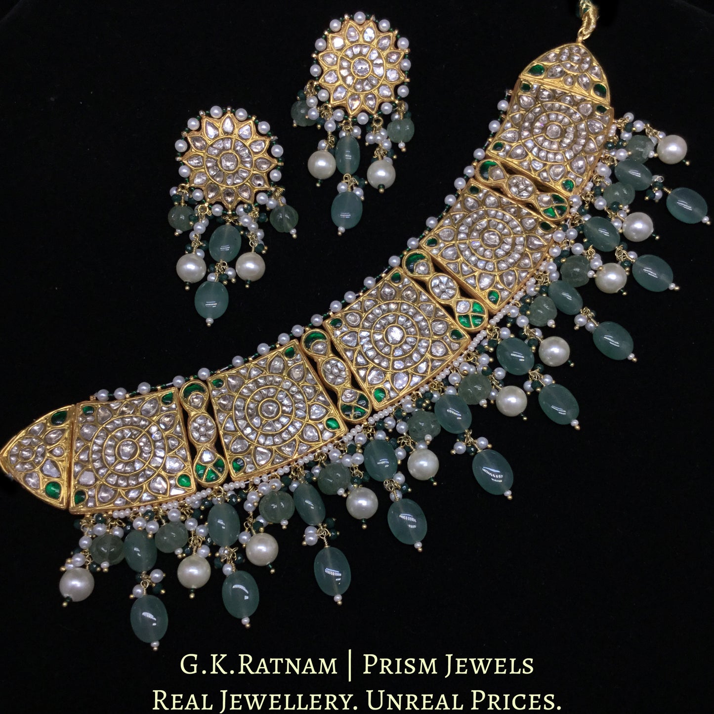 23k Gold and Diamond Polki Choker Necklace Set enhanced with Green Strawberry Quartz and Pearls
