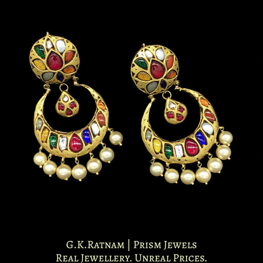 23k Gold and Diamond Polki Navratna Chand Bali Earring Pair with antique gold polish - G. K. Ratnam