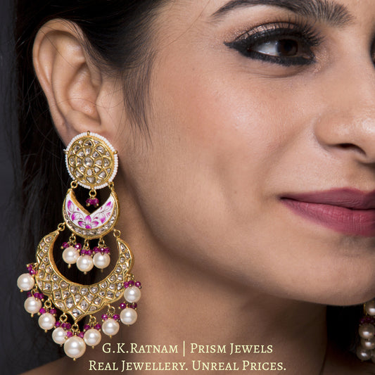 23k Gold and Diamond Polki Chand Bali Earring Pair with intricate pink enamelling - G. K. Ratnam