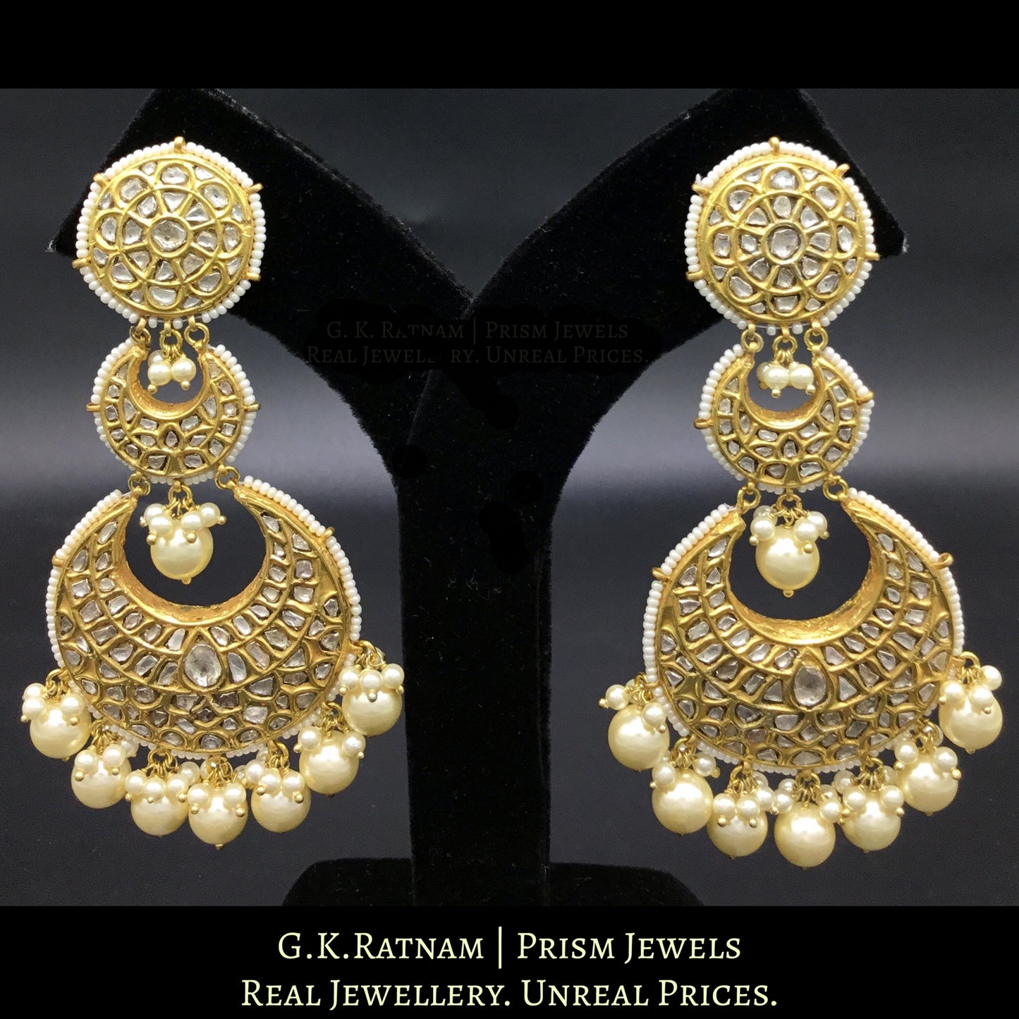 23k Gold and Diamond Polki Long Chand Bali Earring Pair enhanced by Pearls with a touch of green
