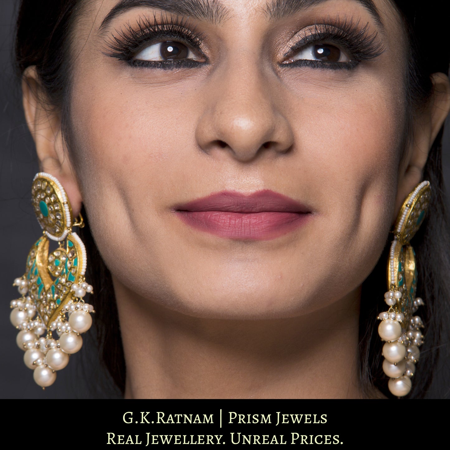 23k Gold and Diamond Polki Chand Bali Earring Pair with V-shaped firoza chand - G. K. Ratnam
